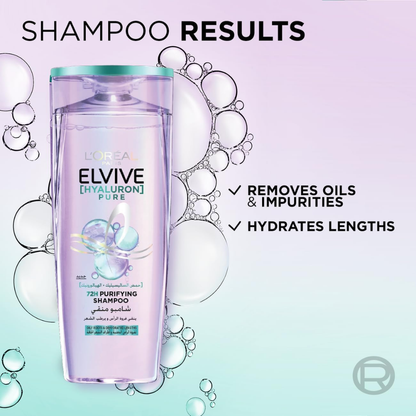 L’Oréal Paris Elvive Hyaluron Pure purifying shampoo bottle, 400ml, with clear liquid and sleek purple packaging for hair care.
