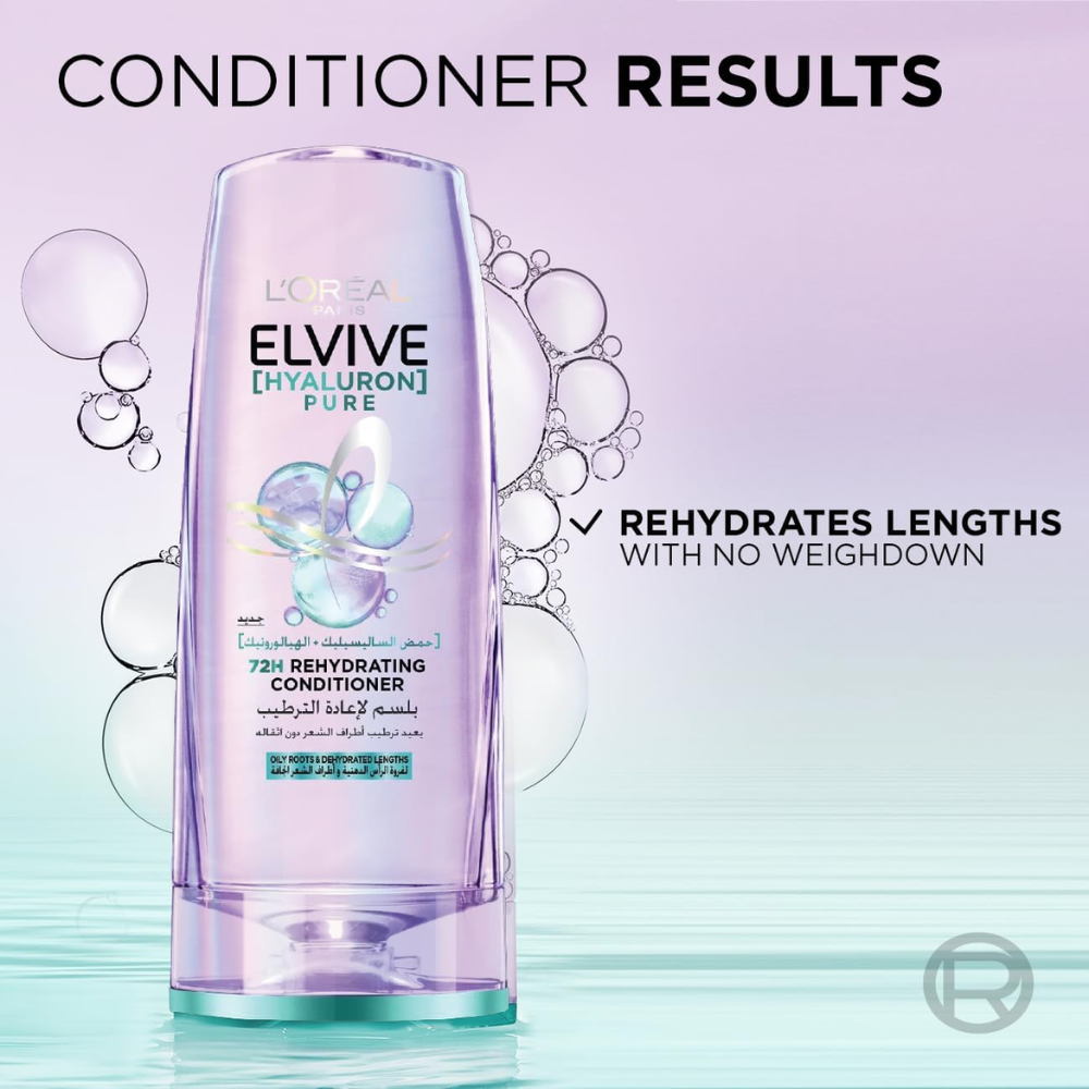 L’Oréal Paris Elvive Hyaluron Pure conditioner for oily hair, 360ml, with hydrating and purifying hair care solution.