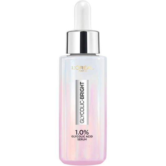 L'Oréal Paris Glycolic Bright Glowing Serum 30ml featuring a clear bottle with a pump dispenser and bright label.