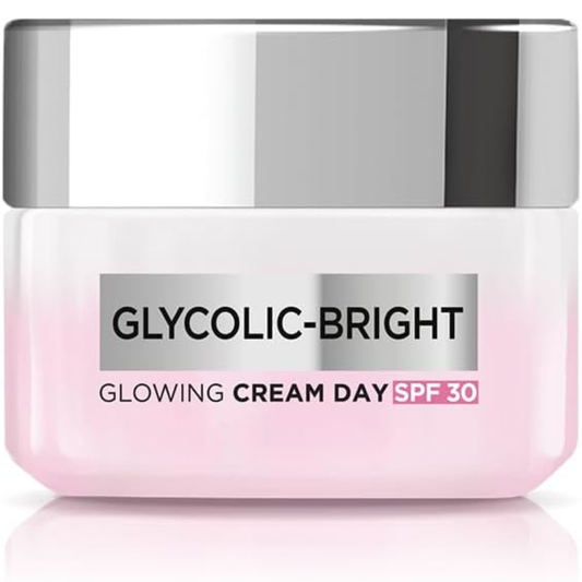 L'Oréal Paris Glycolic Bright Glowing Day Cream 50ML jar with white and gold packaging, facial care product for luminous skin