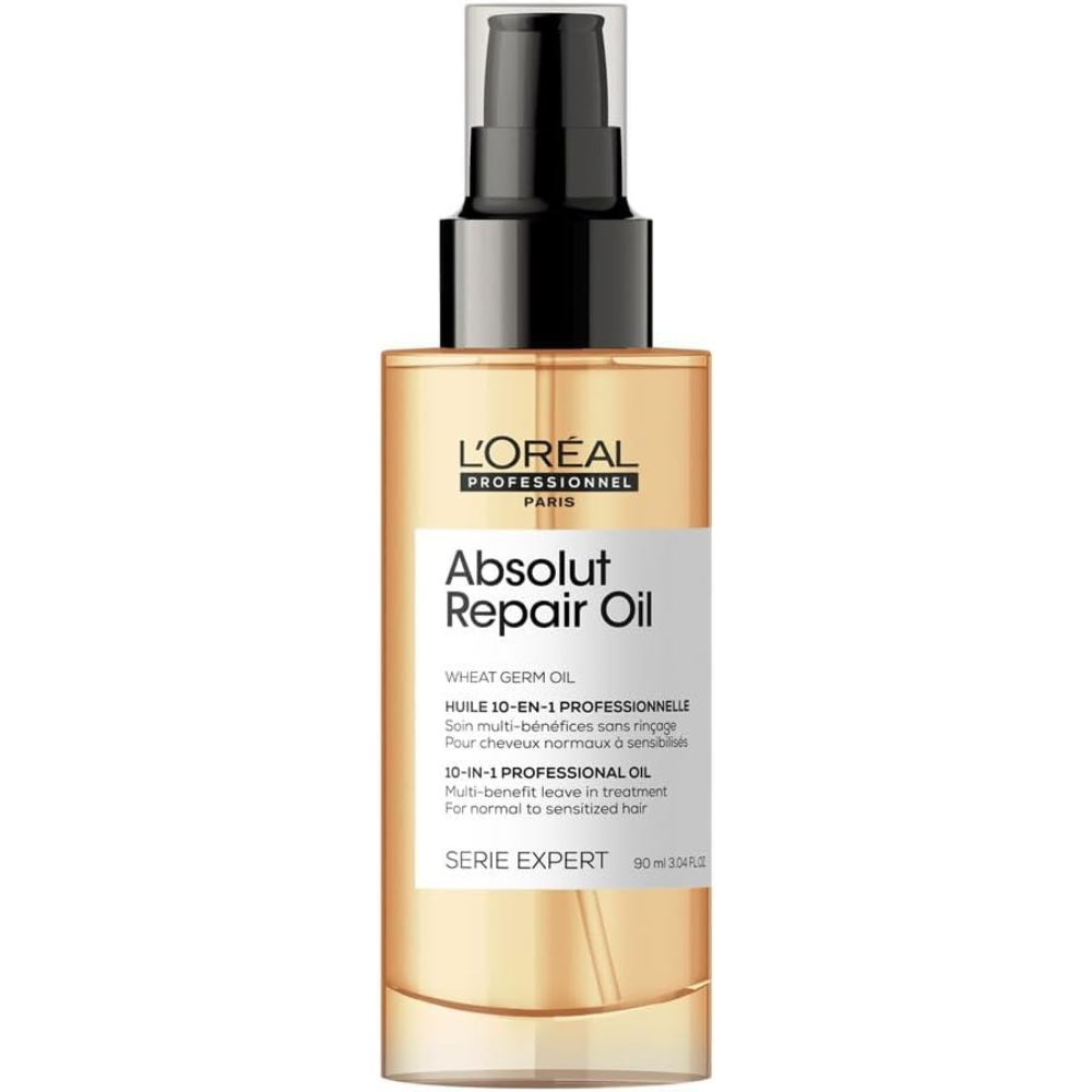 L’Oréal Professionnel Absolut Repair Oil 90 ml bottle, hair care product with a sleek design and pump dispenser for damaged hair.
