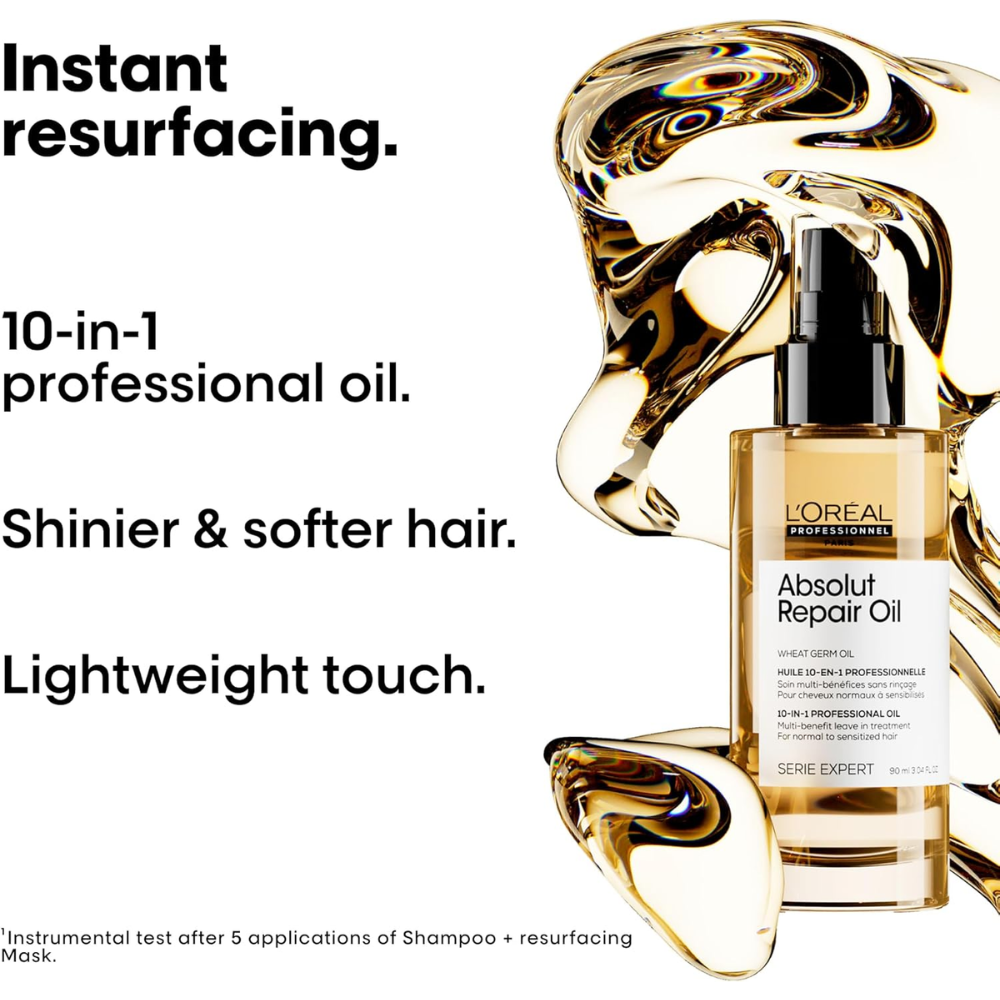 L’Oréal Professionnel Absolut Repair Oil 90 ml hair care product with a sleek bottle and labeling, designed to repair damaged hair.