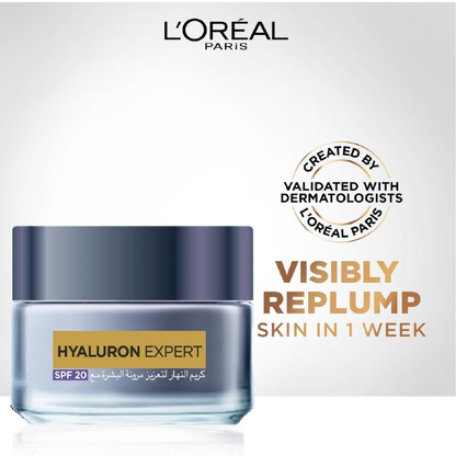 L'Oréal Paris Hyaluron Expert Day Cream in 50ML jar, featuring smooth, hydrating facial care with hyaluronic acid.