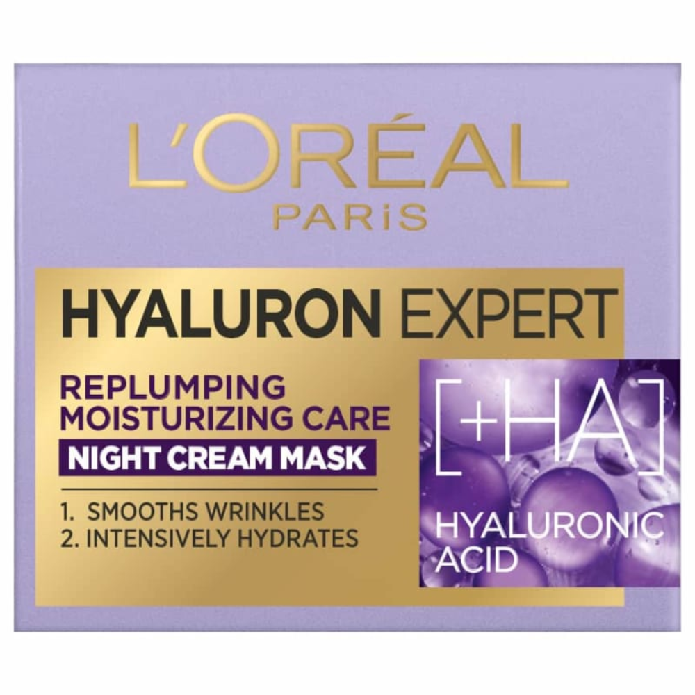 L’Oréal Paris Hyaluron Expert Replumping Night Cream jar showing the hydrating moisturizer in a 50ml container.