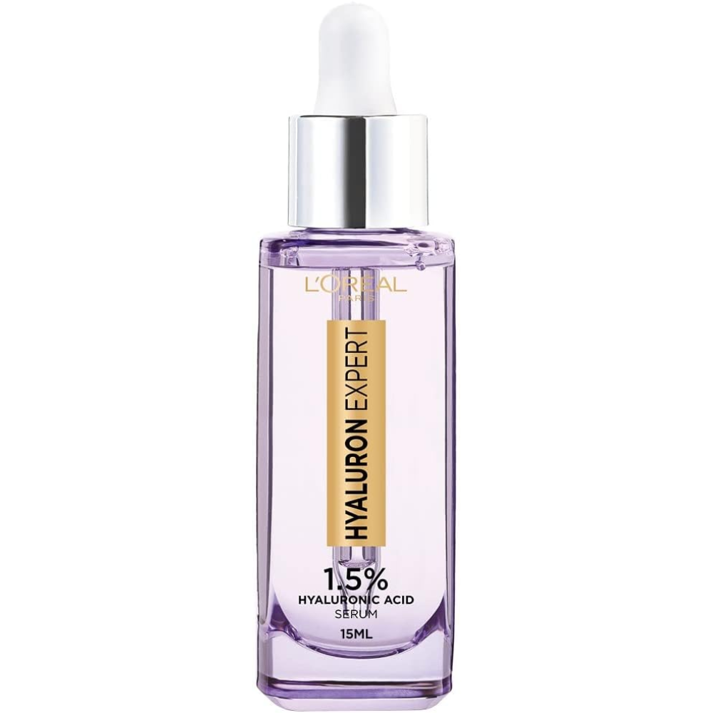 L'Oréal Paris Hyaluron Expert Serum with 1.5% pure hyaluronic acid in a 15ml bottle, facial skincare product.