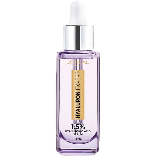 L'Oréal Paris Hyaluron Expert Serum with 1.5% pure hyaluronic acid in a 15ml bottle, facial skincare product.