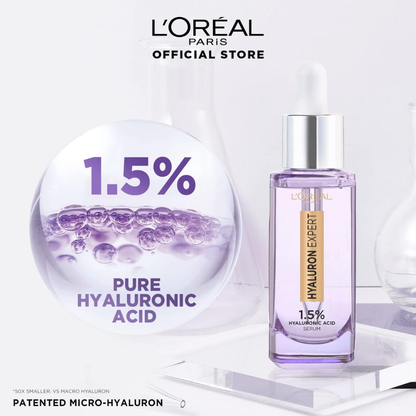L'Oréal Paris Hyaluron Expert Serum bottle with 1.5% hyaluronic acid, facial care product for hydration, 30 ml