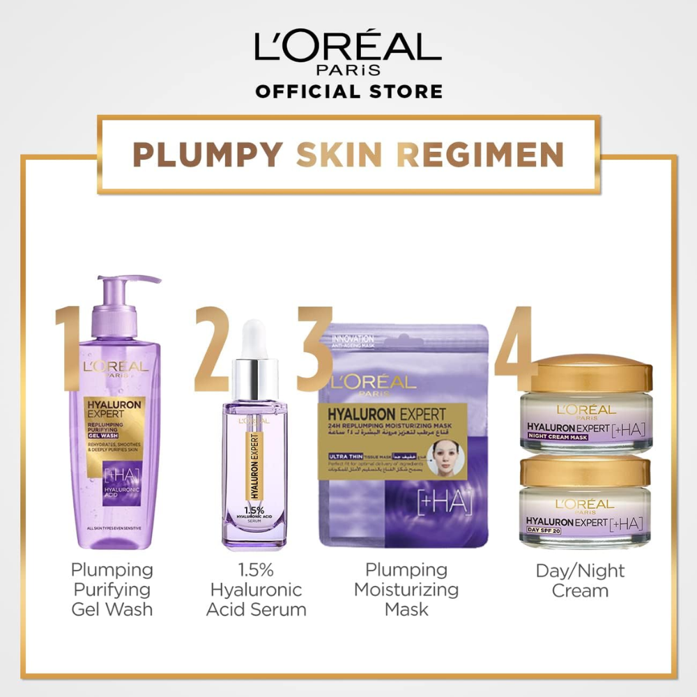 L'Oréal Paris Hyaluron Expert Serum bottle with 1.5% pure hyaluronic acid, facial skincare product in 30 ml size.