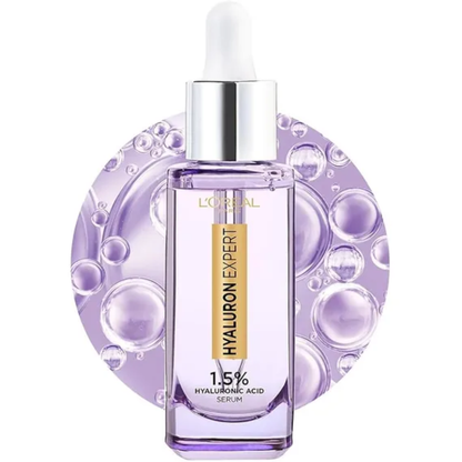 L'Oréal Paris Hyaluron Expert Serum with 1.5% pure hyaluronic acid in a 30ml bottle, facial skincare product.