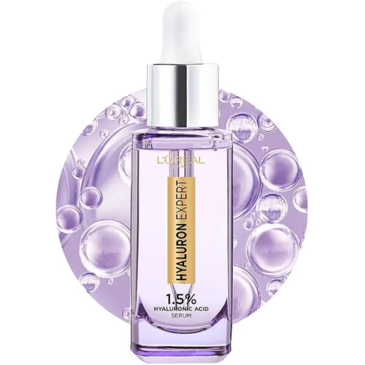L'Oréal Paris Hyaluron Expert Serum with 1.5% pure hyaluronic acid in a 30ml bottle, facial skincare product.