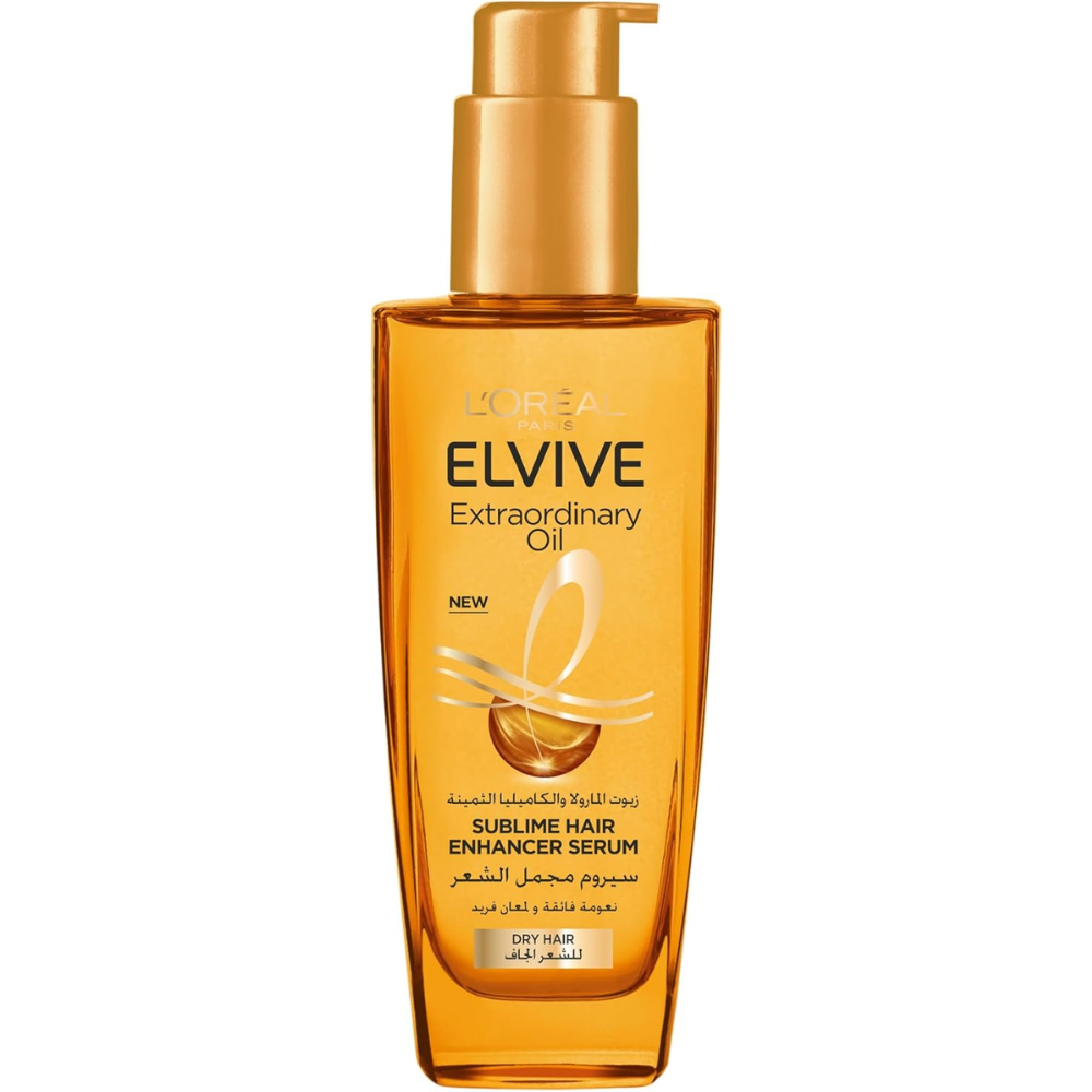 L'Oréal Paris Elvive Extraordinary Oil Serum for dry hair, 100ml, showing a sleek bottle with dropper applicator and golden label.