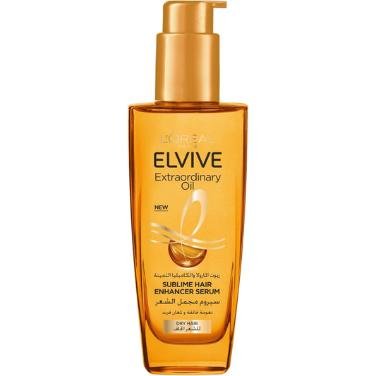 L'Oréal Paris Elvive Extraordinary Oil Serum for dry hair, 100ml, showing a sleek bottle with dropper applicator and golden label.