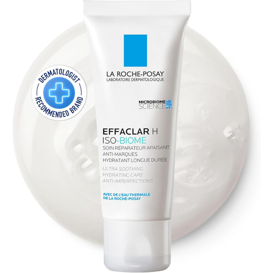 La Roche-Posay Effaclar H Iso-Biome Cream 40ml hydrating moisturizer for blemish-prone skin, shown in a white tube with blue accents.
