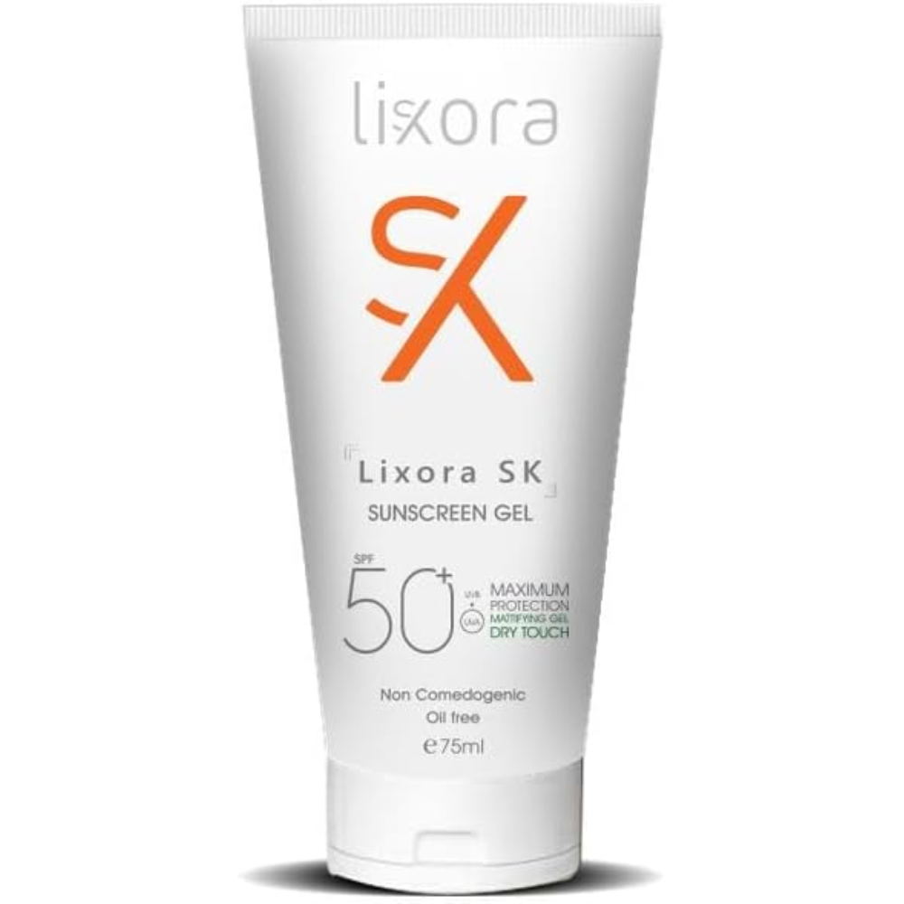 Lixora sunscreen gel SPF50+ 75 ml, facial care product with broad-spectrum sun protection, in a white tube.