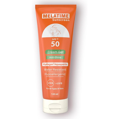 Melatime SPF 50+ sunscreen cream gel in a 120g tube, facial sun protection with smooth, lightweight gel formula.