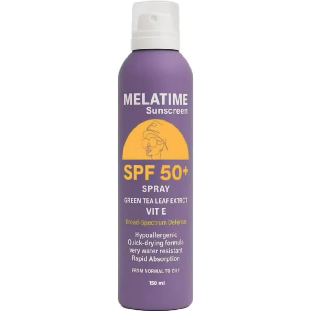 Amanda Melatime SPF 50+ facial sunscreen spray in 150 ml bottle, showing the product with a clear spray nozzle and label.
