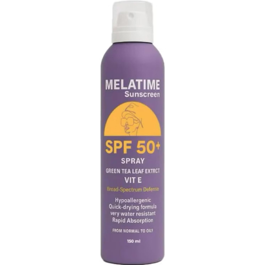 Amanda Melatime SPF 50+ facial sunscreen spray in 150 ml bottle, showing the product with a clear spray nozzle and label.