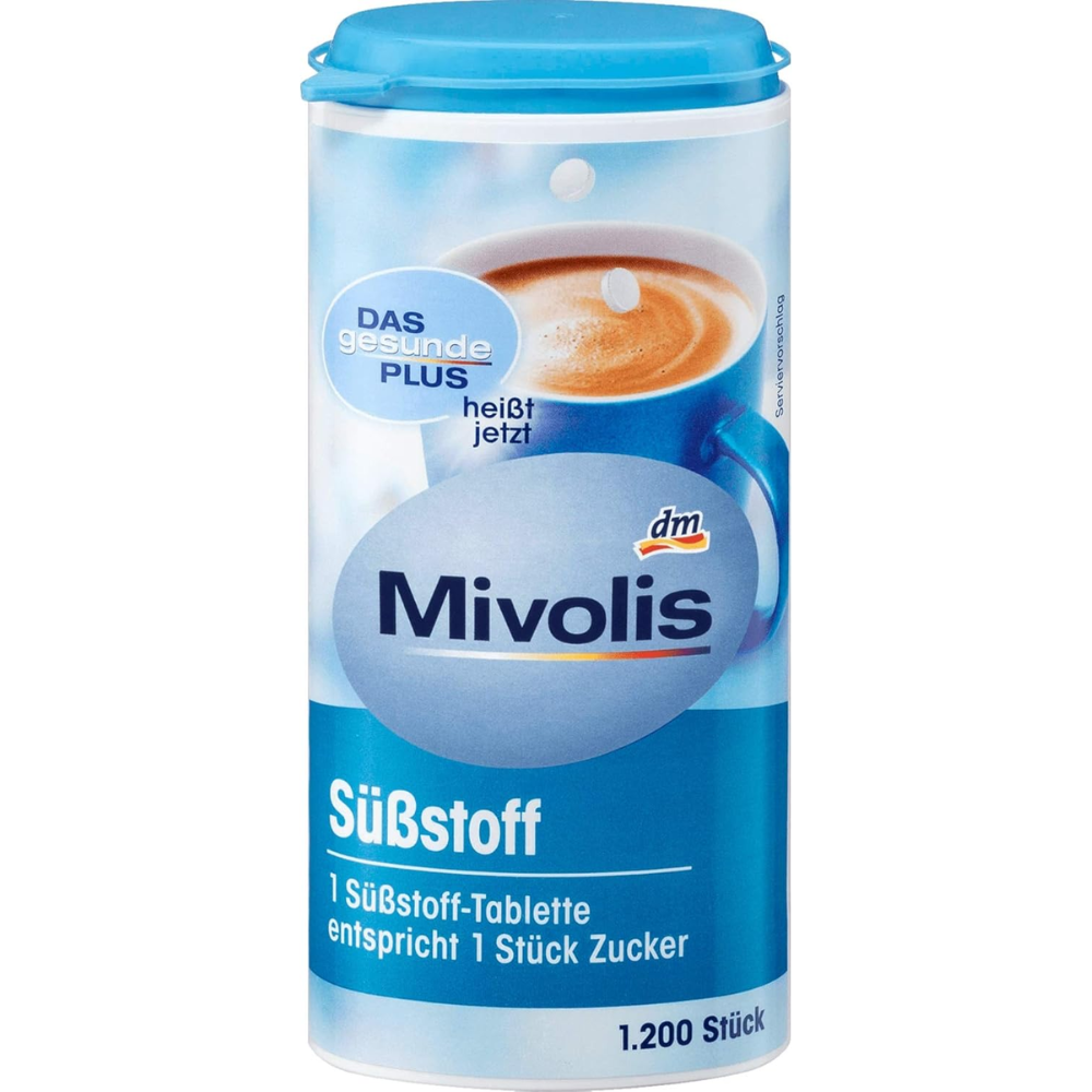 MIVOLIS Sweetener Tablets 1200 pcs, German-made table sweeteners, compact box with white tablets for dietary use