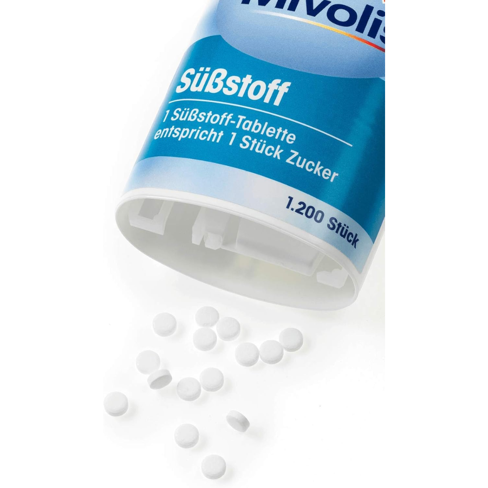 MIVOLIS sweetener tablets in a container, 1200 pieces, used for table sweetening, with packaging labeled Germany.