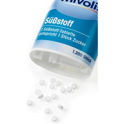 MIVOLIS sweetener tablets in a container, 1200 pieces, used for table sweetening, with packaging labeled Germany.