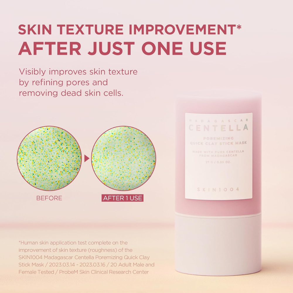 Madagascar Centella Poremizing Quick Clay Stick Mask 27g from Centella, featuring a white clay stick for facial pore care.