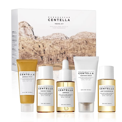 Madagascar Centella travel skincare kit with five basic facial care items in a compact box, ideal for on-the-go skincare.