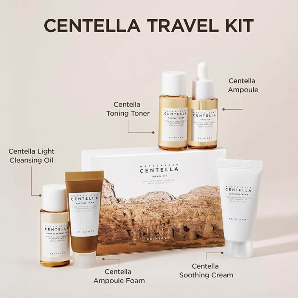 Madagascar Centella facial care travel kit with five skincare items in a basic box, including cleansers, toners, and moisturizers.