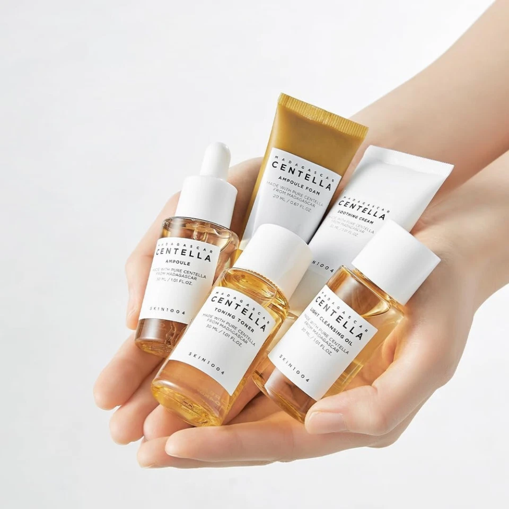 Madagascar Centella Basic Skincare Travel Kit with five facial care items in a compact box, suitable for travel and skincare routines.
