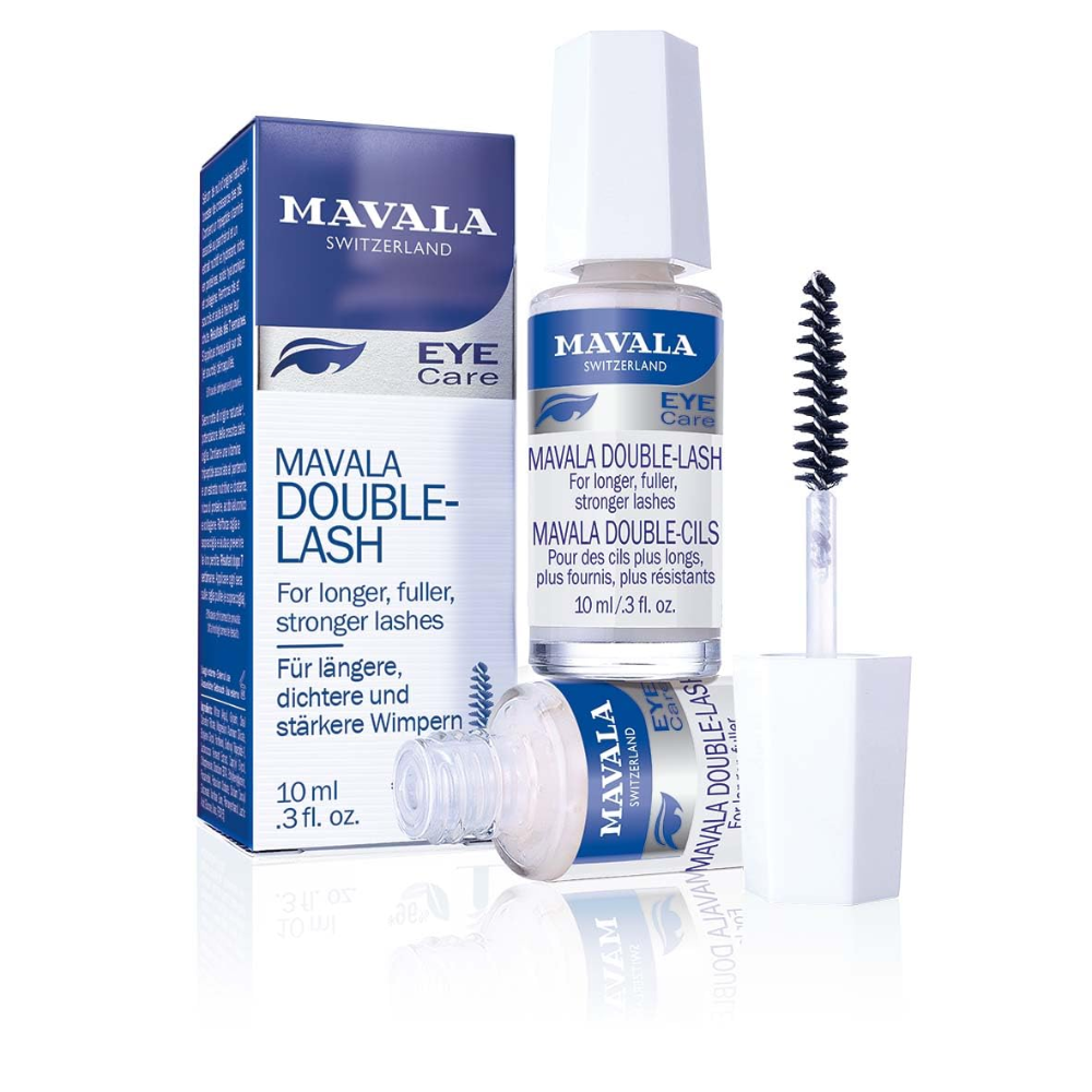 Mavala Double Lash facial care serum in 10ml bottle for longer, stronger eyelashes, shown in the image.