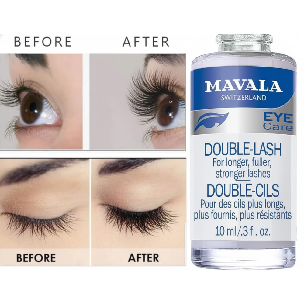 Mavala Double Lash facial care serum for longer, stronger lashes in a 10ml bottle with a sleek packaging design