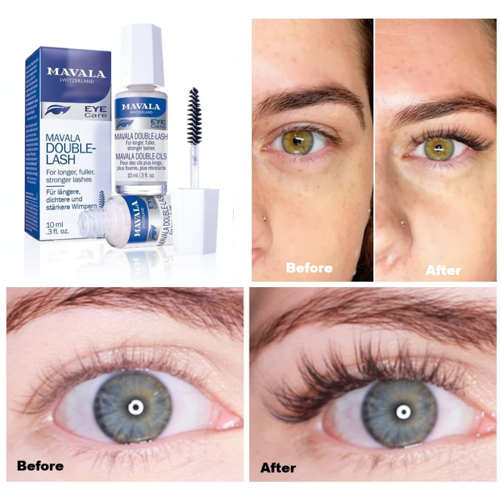 Mavala Double Lash facial care serum in a 10ml bottle, designed to enhance lash length and strength with natural ingredients.