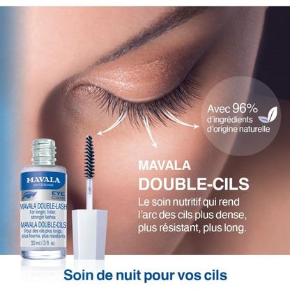 Mavala Double Lash facial care serum for longer, stronger eyelashes in a 10 ml bottle, shown in a clear container on a white background.