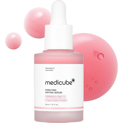 Medicube PDRN Pink Peptide Serum with Sodium DNA and 5-Peptide Complex in a 30ml bottle, facial skincare product.