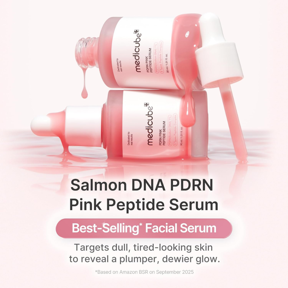 Medicube PDRN Pink Peptide Serum with Sodium DNA and 5-Peptide Complex in a 30ml bottle, facial skincare product.