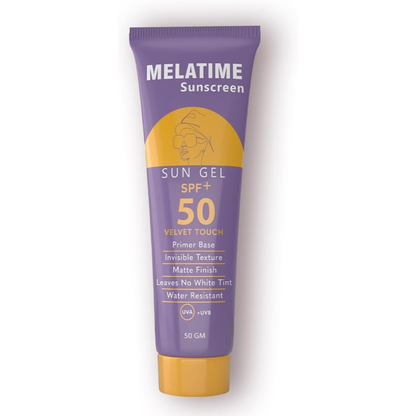 Melatime facial gel sunscreen SPF 50 in a 50g tube, providing sun protection and skincare for daily use