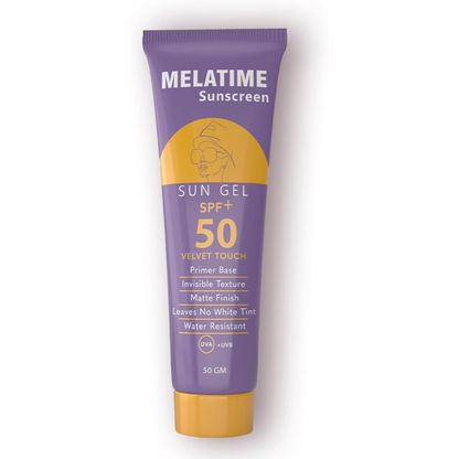 Melatime SPF50 facial sunscreen gel in 50g tube, providing broad-spectrum sun protection for healthy skin.