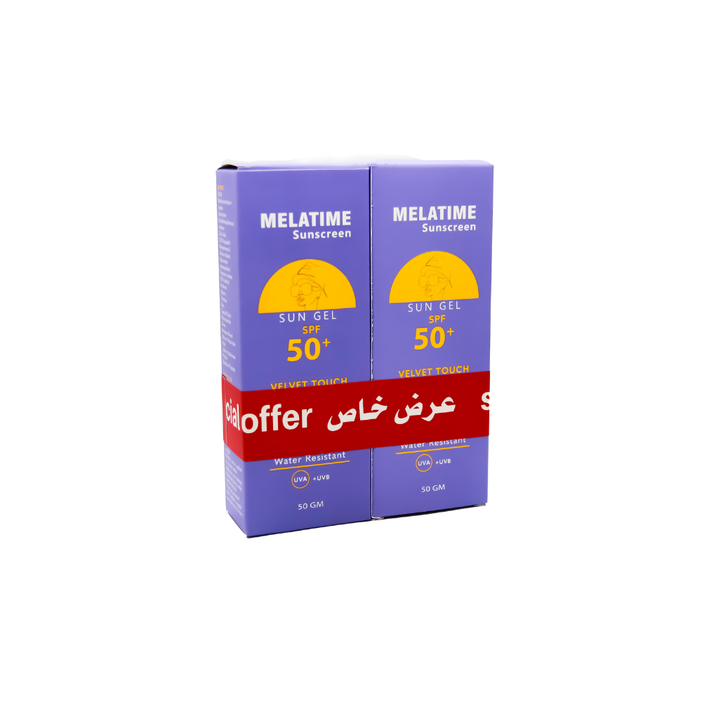 Melatime Sunscreen Gel SPF50 in 50g, showing the tube with a blue and white label, designed for facial sun protection.