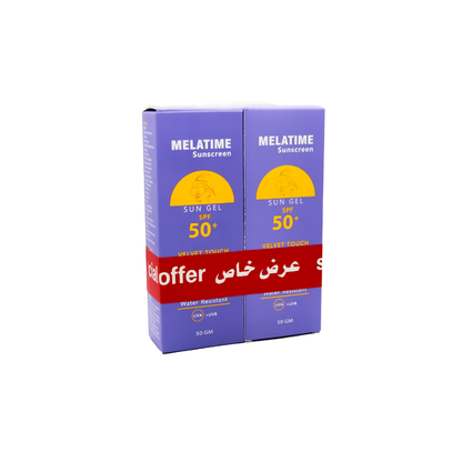 Melatime Sunscreen Gel SPF50 in 50g, showing the tube with a blue and white label, designed for facial sun protection.