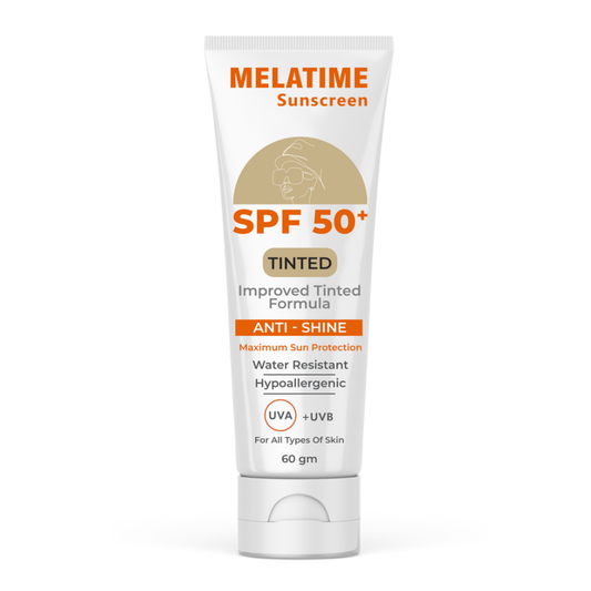 Melatime SPF 50+ tinted sunscreen in 60g tube, water-resistant facial moisturizer with anti-shine, UVA/UVB protection for all skin types