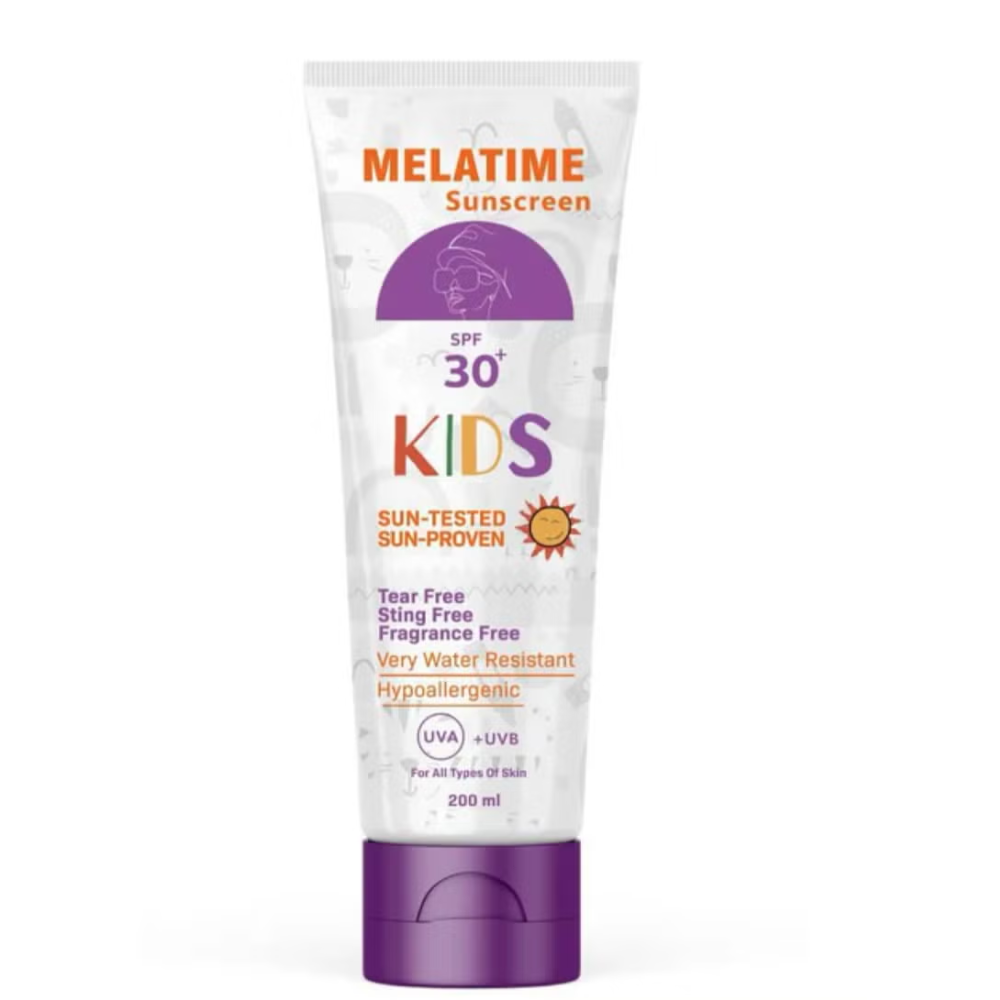 Melatime Kids SPF30+ sunscreen in 200ml bottle, sun-tested for all skin types, gentle baby care sunscreen product.