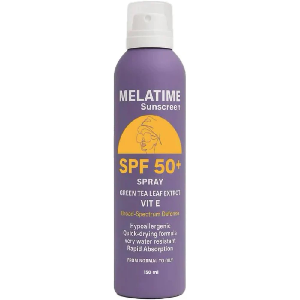Melatime Sunscreen Spray SPF 50+ in 150ml bottle, facial care product with a spray nozzle for easy sun protection application.