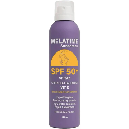 Melatime Sunscreen Spray SPF 50+ in 150ml bottle, facial care product with a spray nozzle for easy sun protection application.
