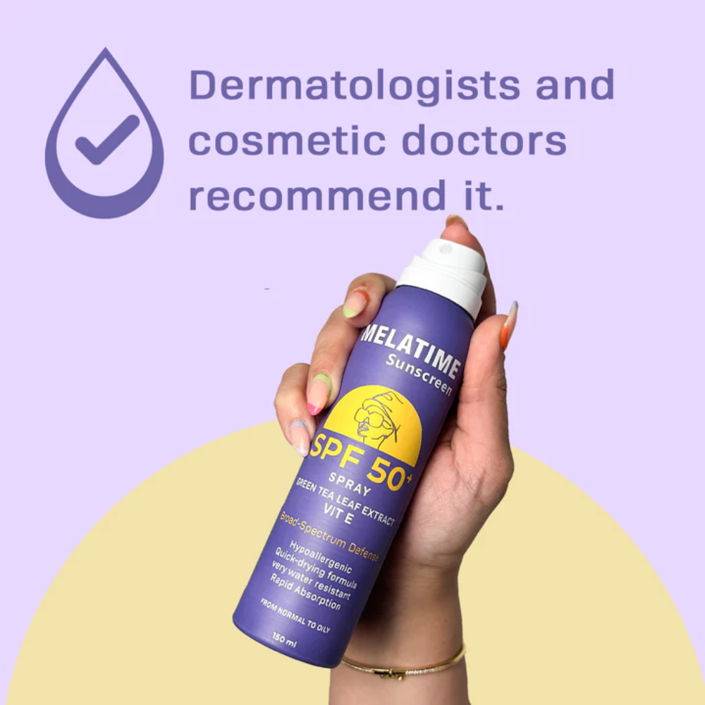 Melatime Sunscreen Spray SPF 50+ in a 150ml bottle, facial care product with a spray nozzle, protecting skin from UV rays.