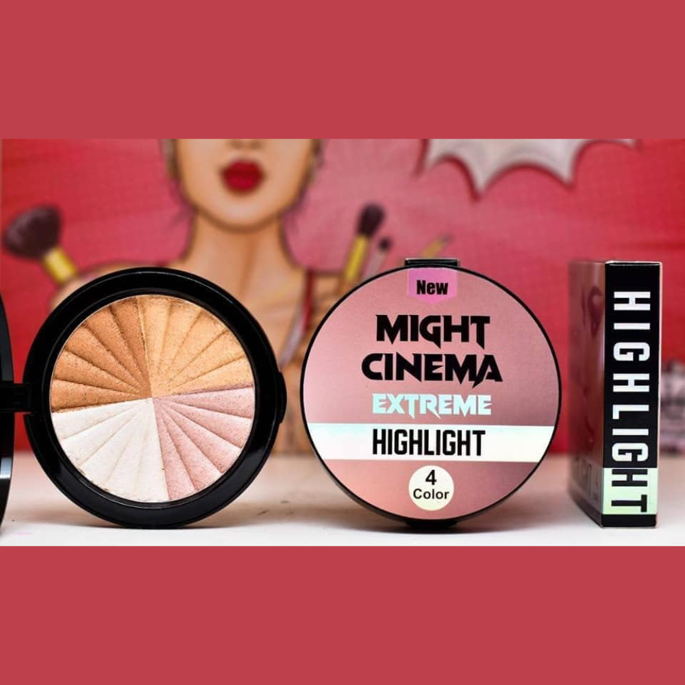 Might Cinema Extreme Highlight 4-color makeup palette with shimmering highlighters in sleek packaging, ideal for radiant skin.