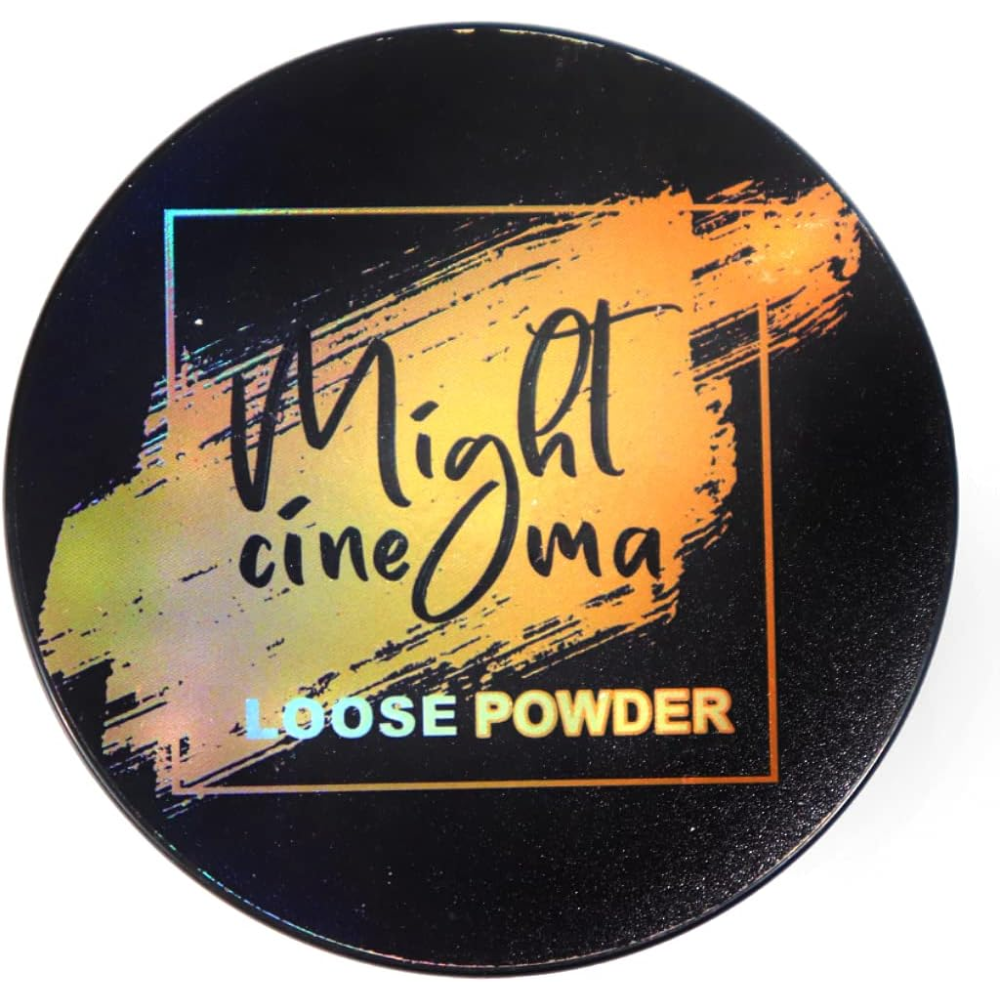 Might Cinema loose matte finish powder with sponge, 75g, in a sleek compact for smooth, shine-free makeup application.