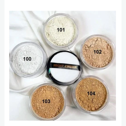 Might Cinema loose matte finish face powder with sponge, 75g, in a compact makeup container with applicator included.
