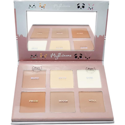 Might Cinema contour powder palette with six shades, featuring natural makeup colors for sculpting and defining facial features.