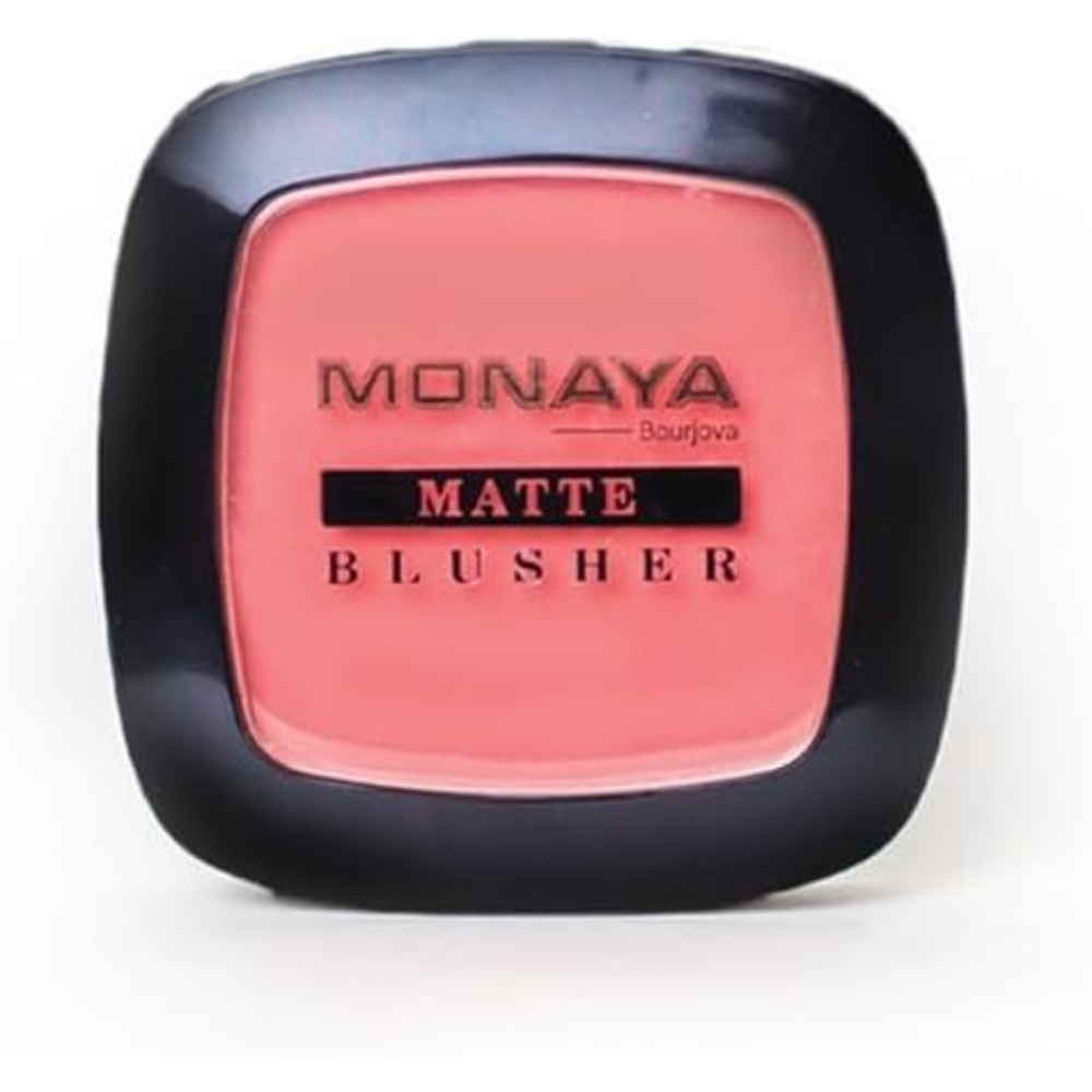 Monaya matte blusher in shade B102A, a soft pink makeup blush with a matte finish, displayed in a round compact container.
