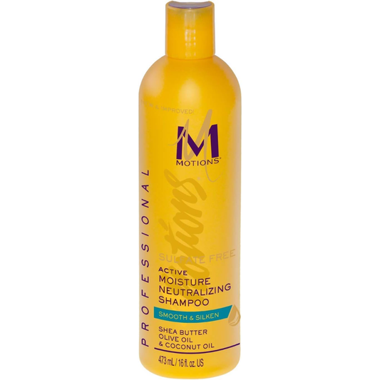 Motions Shea Butter Shampoo 473ml for nourishing hair care, featuring a clear bottle with white shampoo and Shea Butter label.