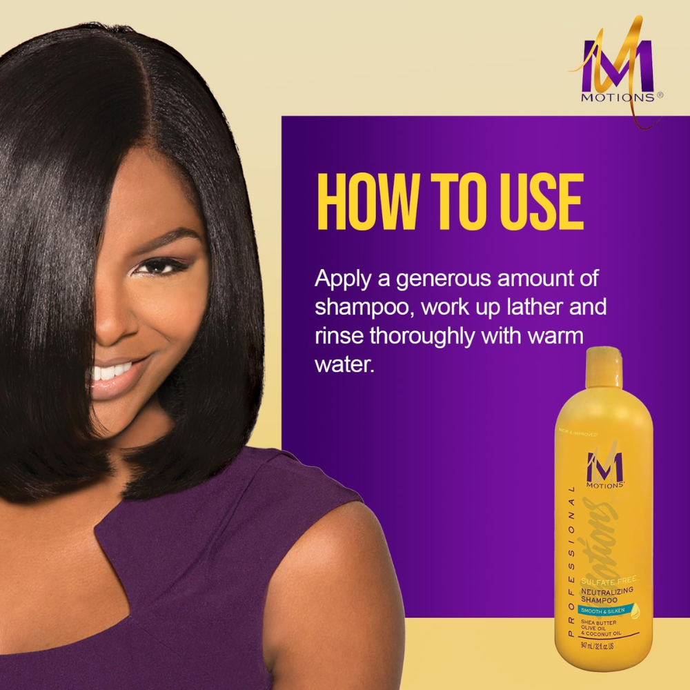 Motions Shea Butter shampoo bottle for hair care, 473ml, with a clean label and natural ingredients visible on the packaging.